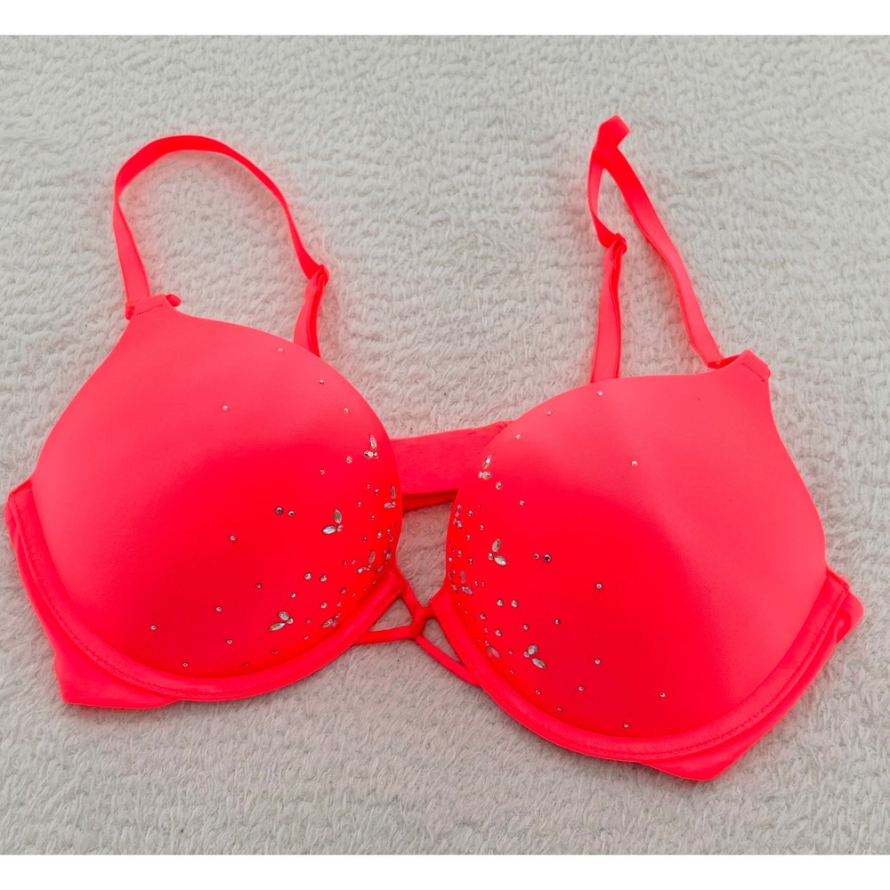 Victoria's Secret Bombshell Plunge Rhinestone Push Up Bra Neon Pink 36B